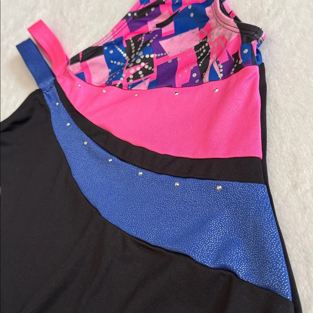 {Danskin} Freestyle | Asymmetrical Strap Geo Gymnastics Dance Leotard (L 10/12)
